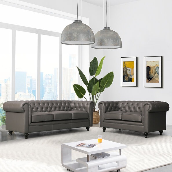 Hertford Chesterfield Faux Leather 3+2 Seater Sofa Set In Dark Grey