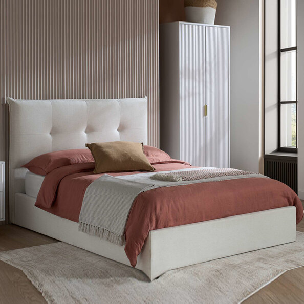 Hetrano Fabric Ottoman Storage Double Bed in White