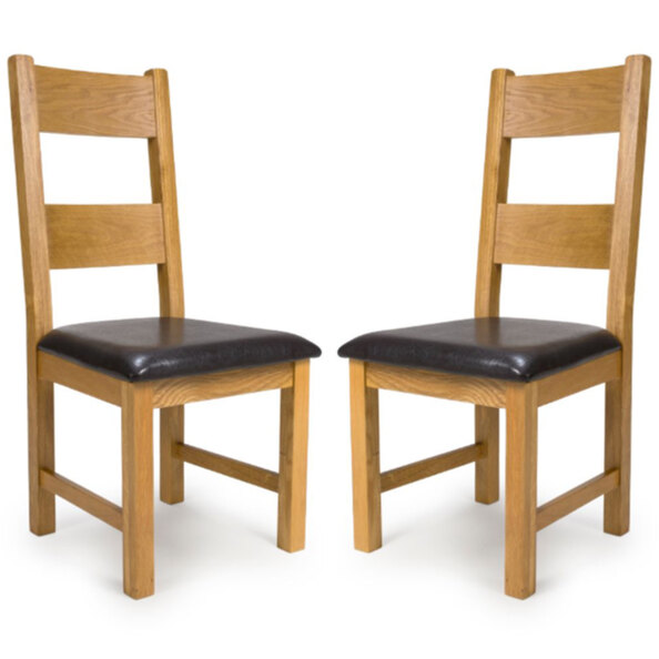 Hewitt Oak Wooden Dining Chairs With Black Leather Seat In Pair