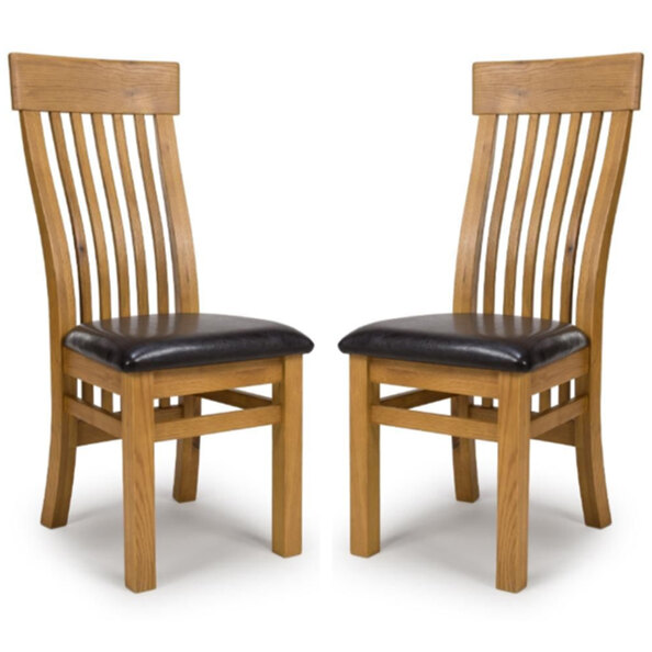 Hewitt Oak Wooden Slat Dining Chairs With Black Leather Seat In Pair