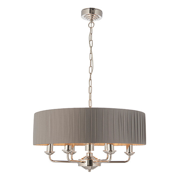 Highclere 6 Light Charcoal Fabric Pendant Light In Bright Nickel