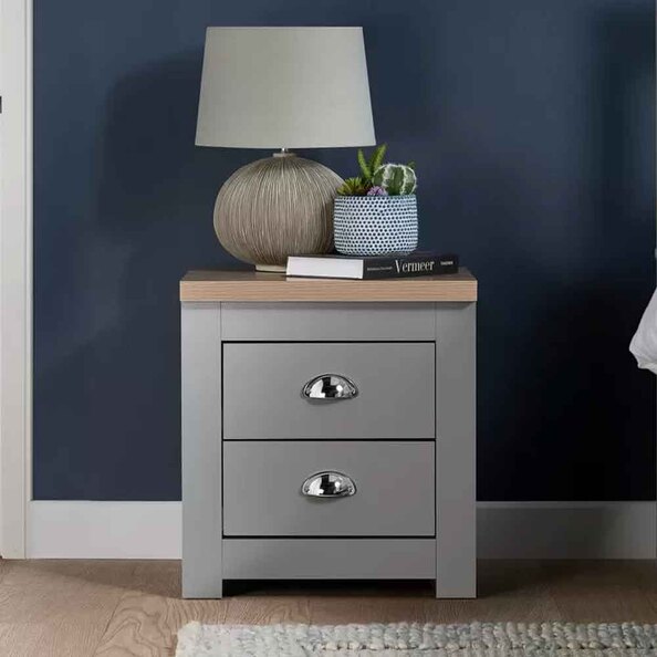 Highland Wooden Bedside Cabinet With 2 Drawers in Dark Grey and Oak