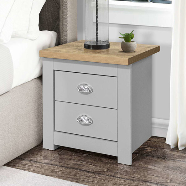 Highland Wooden Bedside Cabinet With 2 Drawers In Grey And Oak
