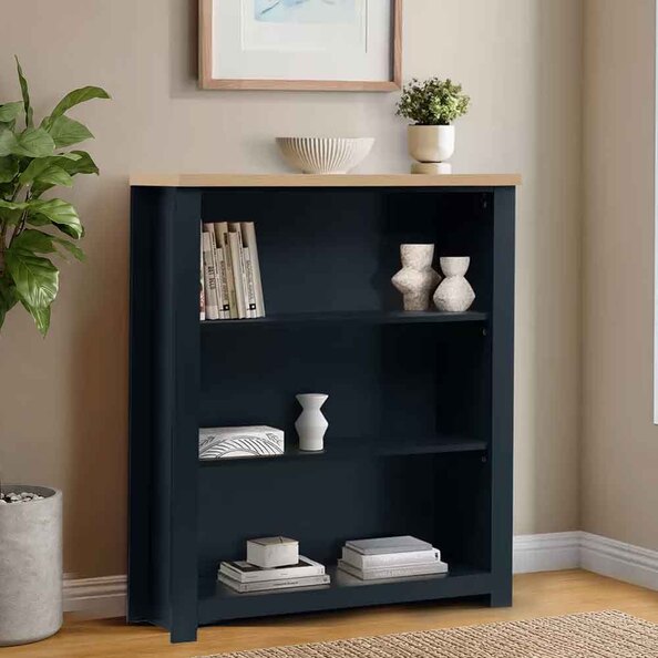 Highland Wooden Bookcase with 4 Shelves in Navy Blue and Oak