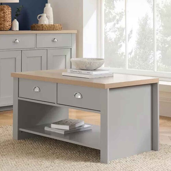 Highland Wooden Coffee Table With 2 Drawers in Dark Grey and Oak