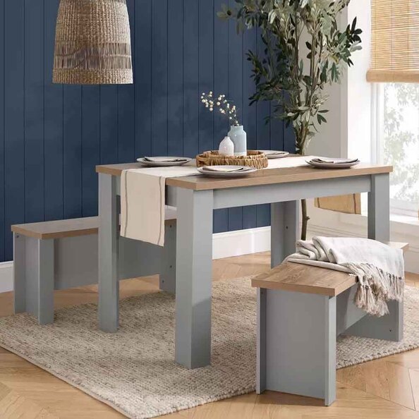 Highland Wooden Dining Set with 2 Benches Set in Grey and Oak
