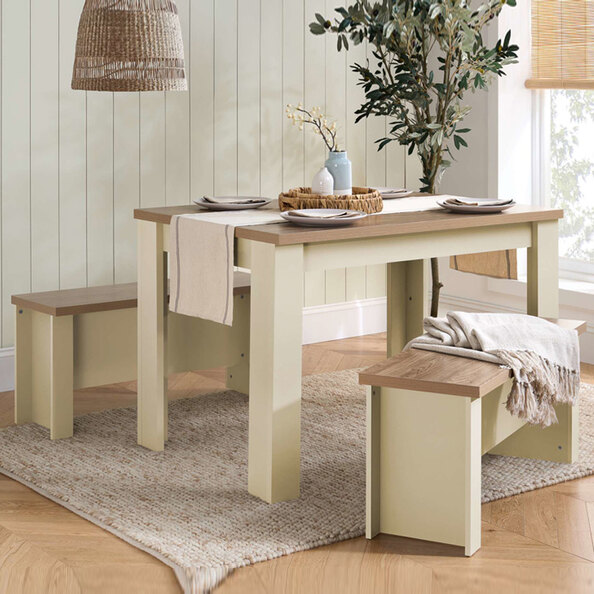 Highland Wooden Dining Table with 2 Benches in Cream and Oak