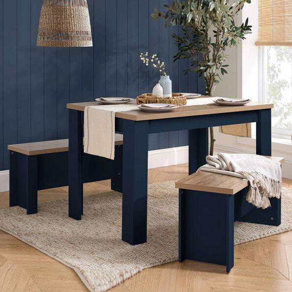Highland Wooden Dining Table with 2 Benches in Navy Blue and Oak