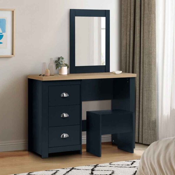 Highland Wooden Dressing Table Set in Navy Blue and Oak