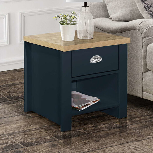 Highland Wooden Lamp Table With 1 Drawer In Navy Blue And Oak
