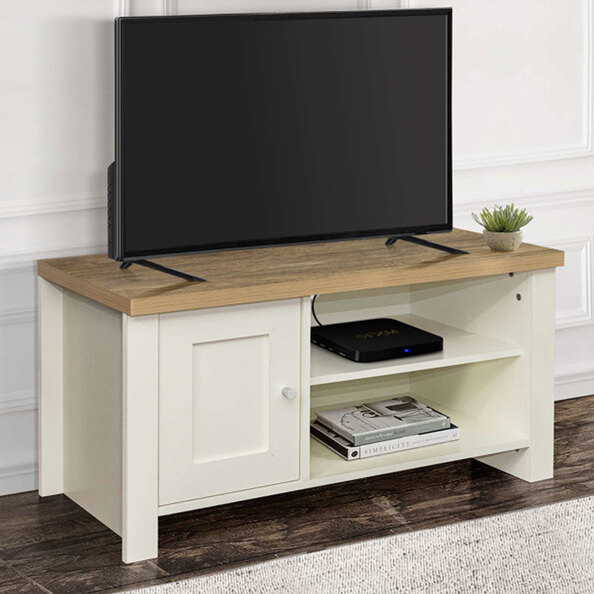 Highland Wooden TV Stand With 1 Door In Cream And Oak