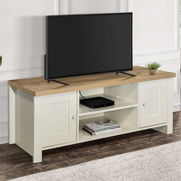 Highland Wooden TV Stand With 2 Doors In Cream And Oak