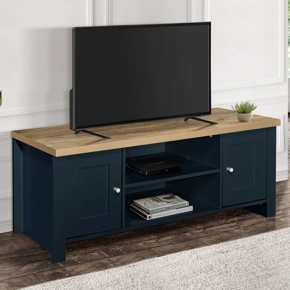 Highland Wooden TV Stand With 2 Doors In Navy Blue And Oak