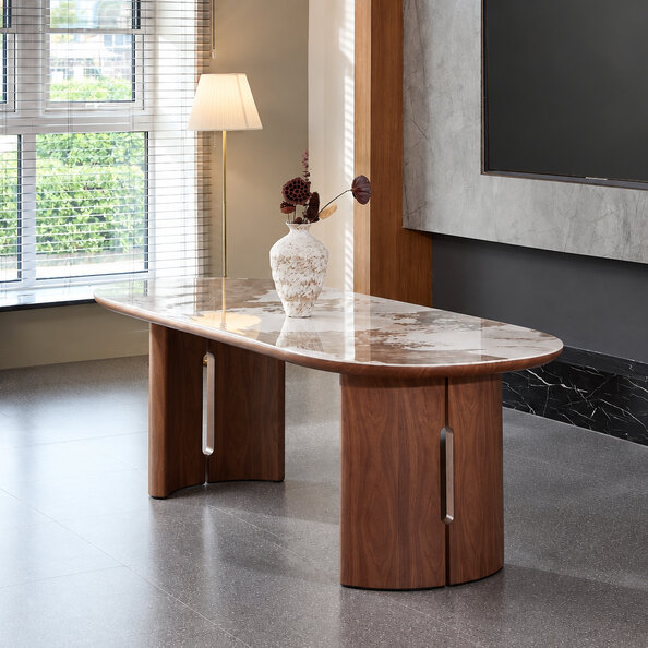 Ilmara Pandora Sintered Stone Top Dining Table with Walnut Wooden Base