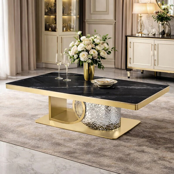 Ilsero Black Sintered Stone Hammered Design Coffee Table with Gold Finish Frame