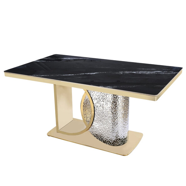 Ilsero Black Sintered Stone Hammered Design Dining Table with Gold Finish Frame