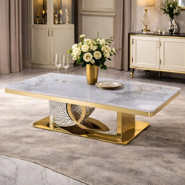 Ilsero Grey Sintered Stone Hammered Design Coffee Table with Gold Finish Frame