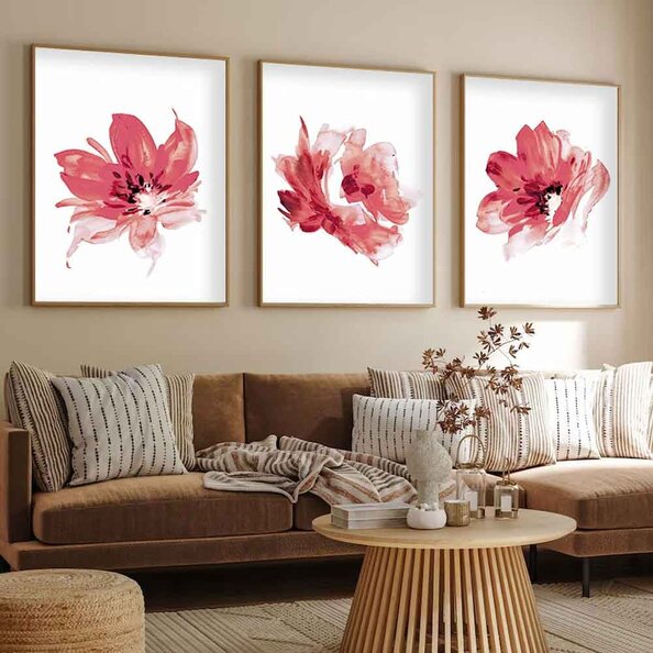Impressionist Wooden 30x40cm Crimson Bloom Art Frame Set of 3 in Multicolour