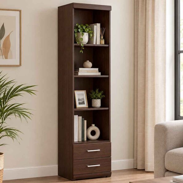 Impro Wooden Bookcase With 2 Drawers In Dark Mahogany