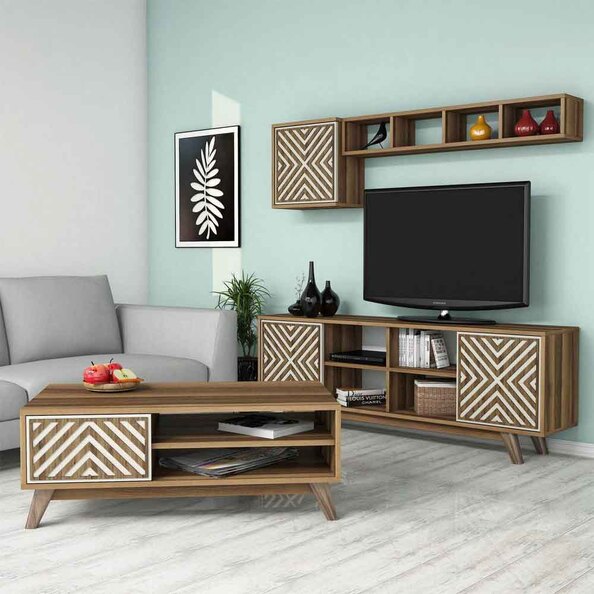 Inci Wooden Entertainment Unit and Coffee Table Set in Walnut and Cream