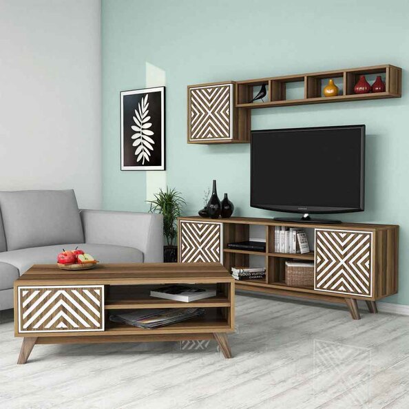 Inci Wooden Entertainment Unit and Coffee Table Set in Walnut and White