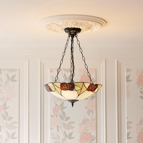 Ingram 3 Light Tiffany Glass Inverted Pendant Light In Satin Black