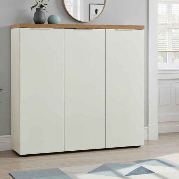 Inverness High Gloss Shoe Cabinet With 3 Doors And Oak Top In White