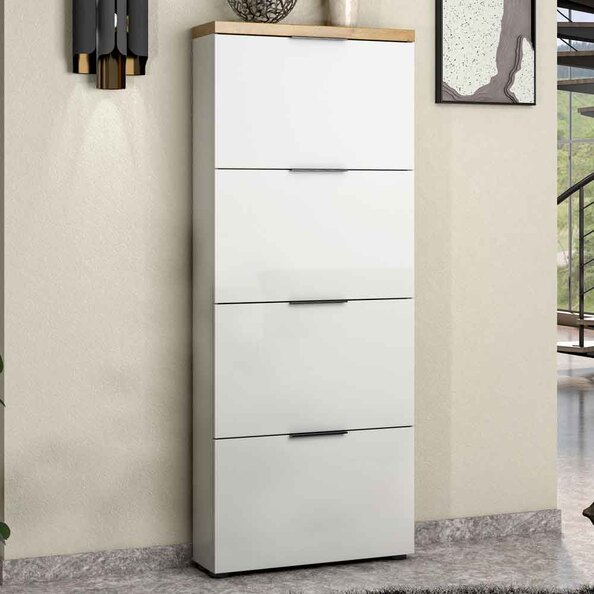 Inverness High Gloss Shoe Cabinet With 4 Flaps And Oak Top In White