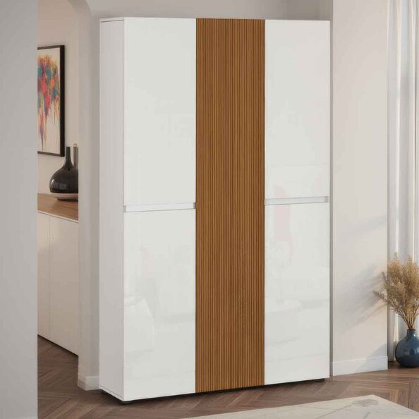 Inverness High Gloss Tall Shoe Cabinet With 5 Doors In White And Oak
