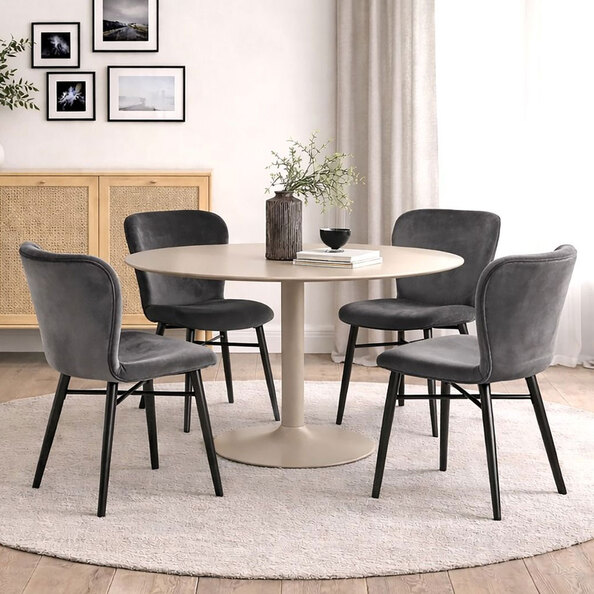Ionia Beige Wooden Dining Table with 4 Bangor Fabric Dark Grey Chairs