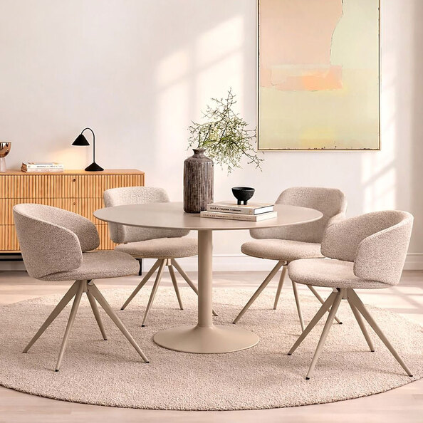 Ionia Beige Wooden Dining Table with 4 Elkhorn Fabric Cream Chairs