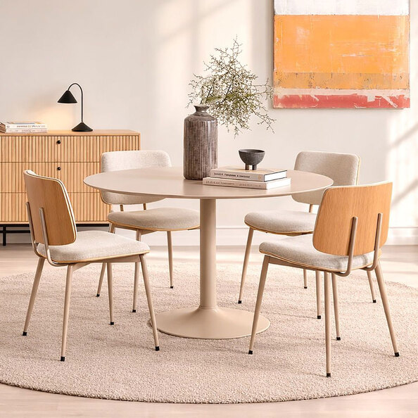 Ionia Beige Wooden Dining Table with 4 Owasso Fabric Beige Chairs