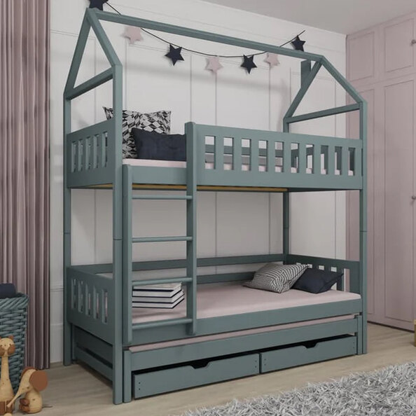 Irmo Wooden Bunk Bed And Trundle With Foam Mattress In Grey