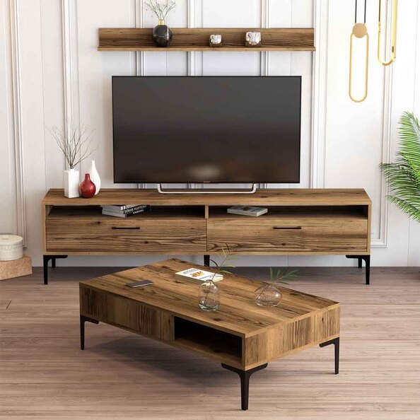 Istanbul Wooden Entertainment Unit and Coffee Table Set in Walnut