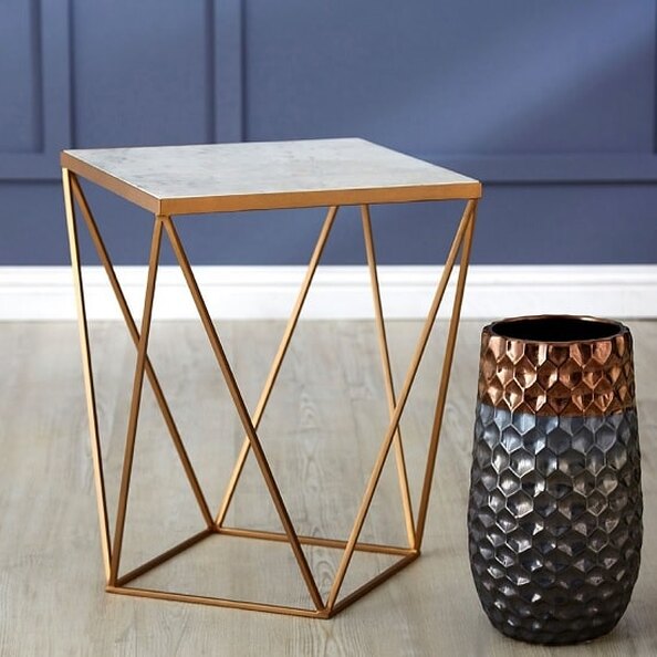 Shalom Square White Marble Top Side Table With Gold Frame