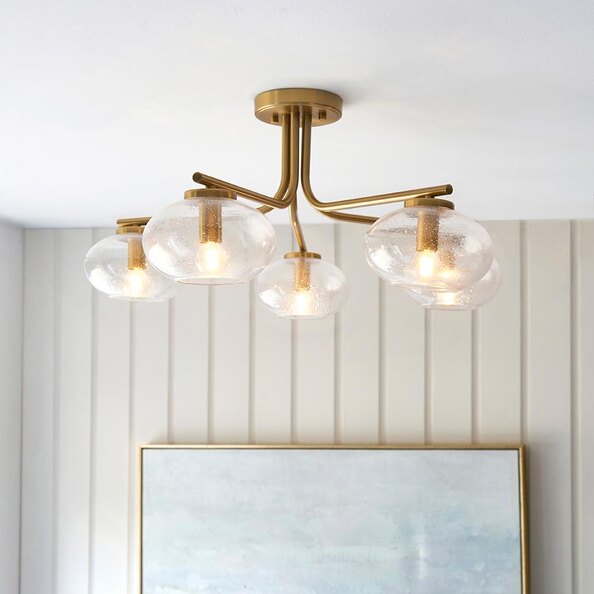 Jaffrey 5 Lights Clear Glass Semi Flush Ceiling Light In Brass