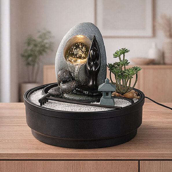 Jarlon Synthetic Resin Cylindrical Table Fountain Buddha Samadhi Sculpture in Black and Grey
