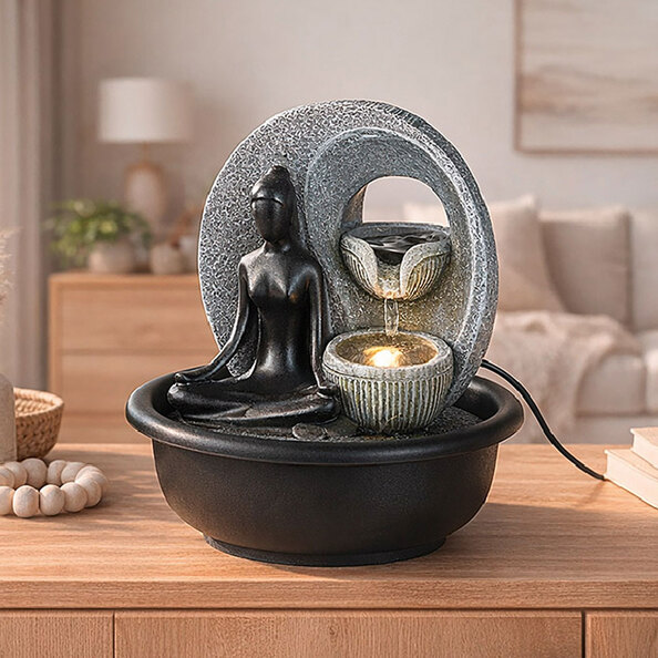 Jarlon Synthetic Resin Table Fountain Buddha Samadhi Sculpture in Black and Grey