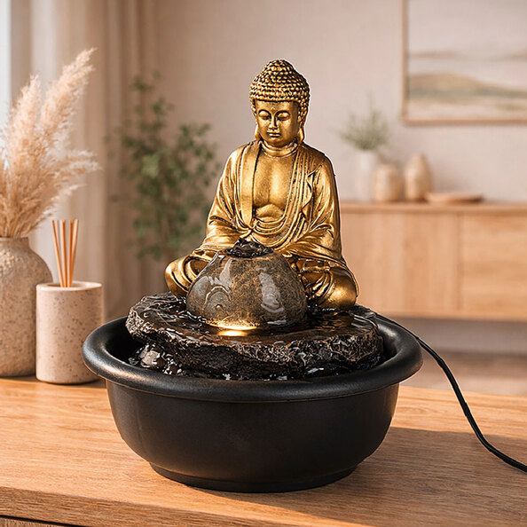 Jarlon Synthetic Resin Table Fountain Buddha Samadhi Sculpture in Gold and Brown
