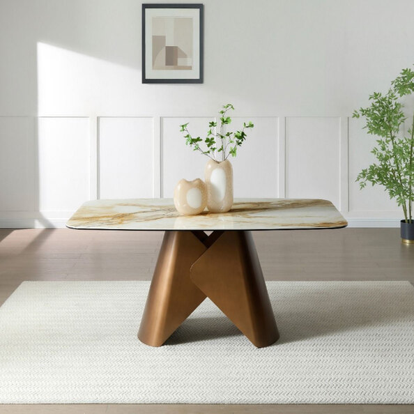 Jarsen Large White Pandora Classico Ceramic Top Dining Table with Brass Base