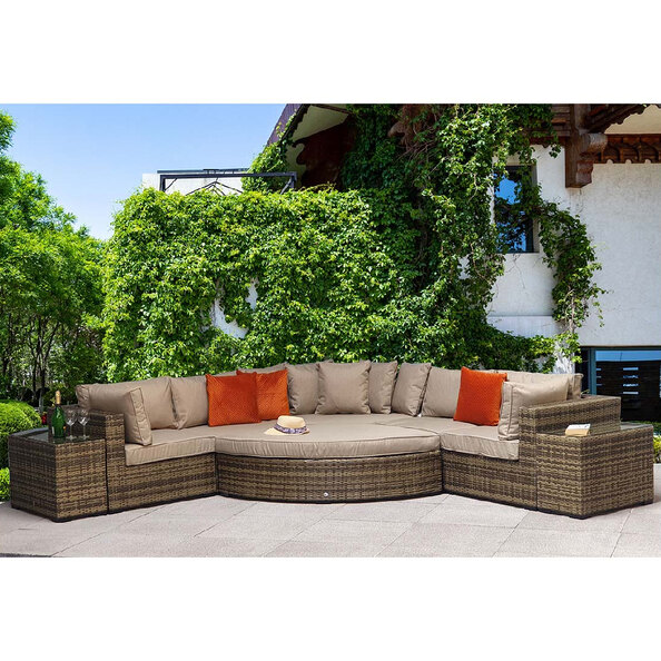 Jeana Rattan Garden Corner Sofa Set With 2 Side Tables In Brown