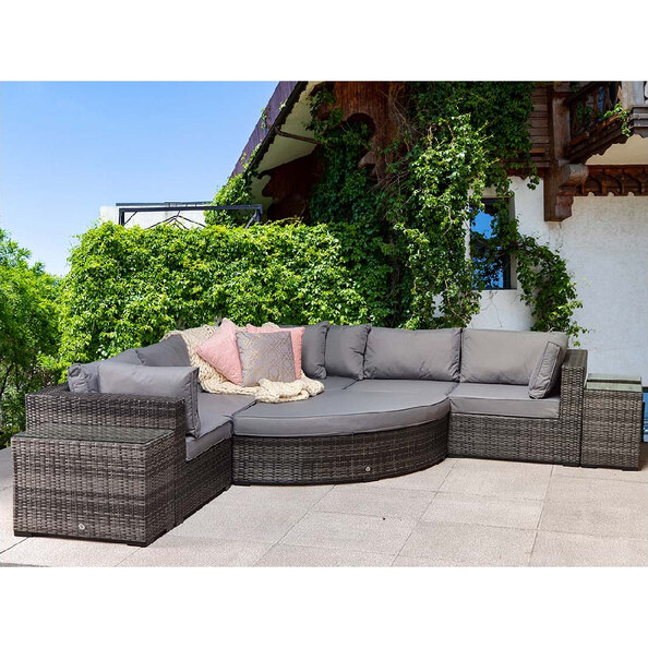 Jeana Rattan Garden Corner Sofa Set With 2 Side Tables In Grey
