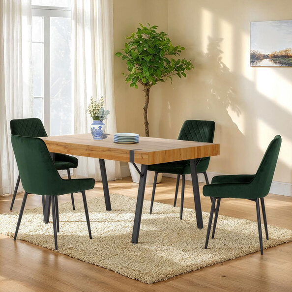 Jenlora Light Oak Wooden Dining Table with 4 Avah Emerald Green Chairs