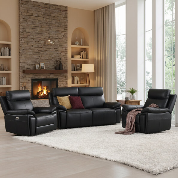 Jerion Leather Electric Recliner 3+1+1 Seater Sofa Set in Black