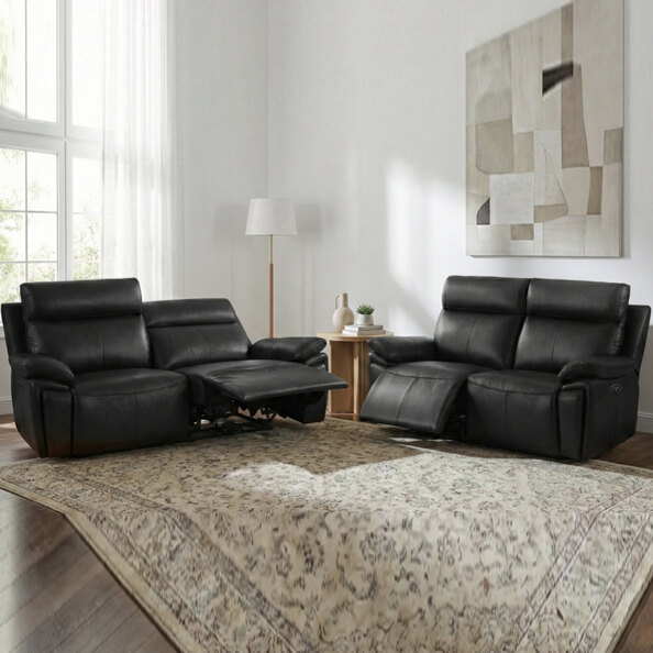 Jerion Leather Electric Recliner 3+2 Seater Sofa Set in Black