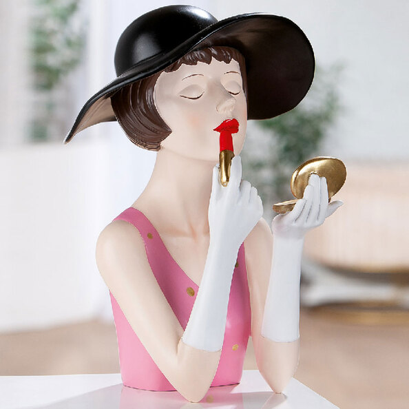 Jisora Synthetic resin Women with Lipstick Sculpture in White and Pink
