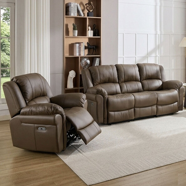 Jivaro Plush PU Electric Recliner 3+1+1 Seater Sofa Set in Dark Truffle