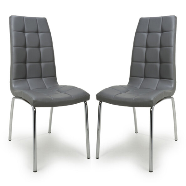 Justin Grey Faux Leather Dining Chairs With Chrome Legs In Pair