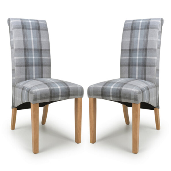 Kaduna Check Grey Fabric Dining Chairs With Oak Legs In Pair