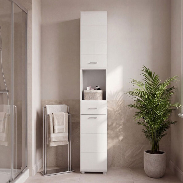 Kaelio Tall Wooden Bathroom Storage Cabinet with White High Gloss Front